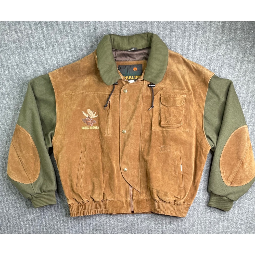 Treeline Outfitters Suede Bomber Jacket Mens XXL Brown Moose Embroidery Peerless